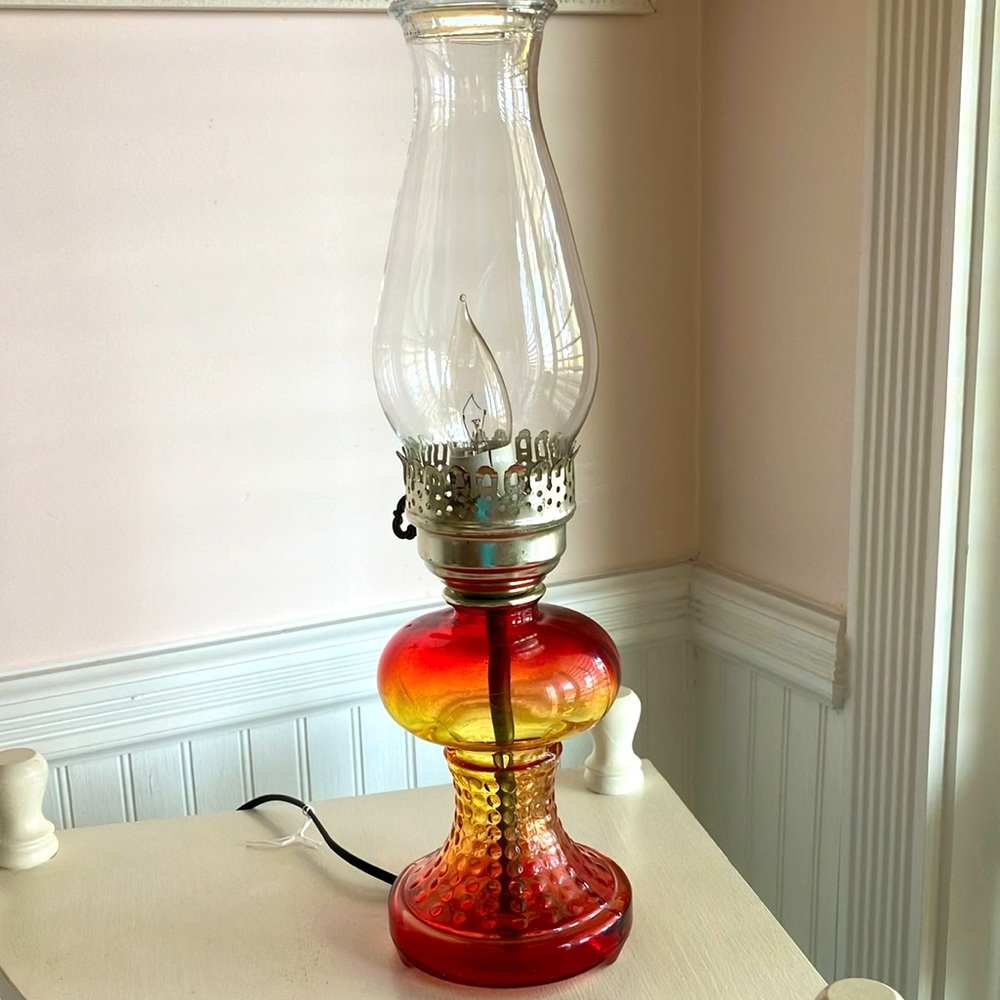 Vintage Red & Yellow Glass Hurricane Lamp